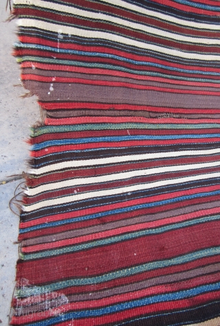 19th Century West Anatolian (Turkish) striped utilitarian kilim… possibly Karapinar. All natural vegetable and root dyes. Original condition, no repairs. Has spots and paint stains on back.  Worn areas through-out.   ...