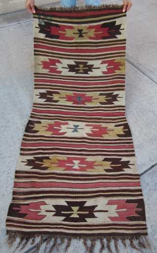19th Century Southern Toros Mountain (İçel/Mut) Anatolian utilitarian kilim, "Runner" ... a very interesting small and attractive piece.  All natural vegetable and root dyes.  There are mosques numbers.

Size: 67 inches  ...