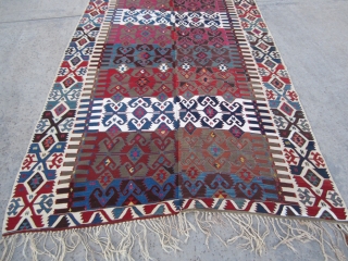 Mid-19th Century Central Anatolian (Malatya), Turkish utilitarian kilim. All natural vegetable and root colors... Cochineal, apricot, yellows, etc. A wonderful work with cotton and "silver thread" accent weaving.  Has some masterfully  ...