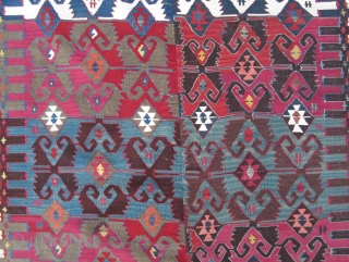 Mid-19th Century Central Anatolian (Malatya), Turkish utilitarian kilim. All natural vegetable and root colors... Cochineal, apricot, yellows, etc. A wonderful work with cotton and "silver thread" accent weaving.  Has some masterfully  ...