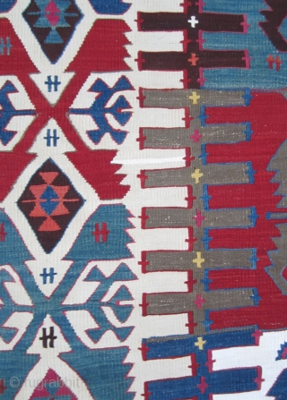 Mid-19th Century Central Anatolian (Malatya), Turkish utilitarian kilim. All natural vegetable and root colors... Cochineal, apricot, yellows, etc. A wonderful work with cotton and "silver thread" accent weaving.  Has some masterfully  ...