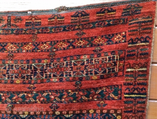 19th c. large, full pile Turkmen Ersari chuval in mint condition. All vegetal colors including green, yellow and apricot.
Size: 36" x 63"           