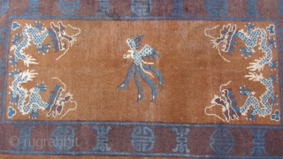 Art Deco 20C Chinese Peking wool woven dragon rug.
Chinese wool dragon rug, hand woven, has 4 dragon and Phoenix in center with auspicious symbols around the frame, in its original vintage condition,  ...