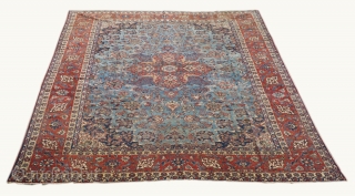 Outstanding Esfahan cm 385x255 /12,7"x8,4". Simply wonderful piece with amazing design and colors. An abrash on blu sky field. Some corrosion on silk patterns. One end miss ( about 1 centimeter). The  ...