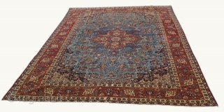 Outstanding Esfahan cm 385x255 /12,7"x8,4". Simply wonderful piece with amazing design and colors. An abrash on blu sky field. Some corrosion on silk patterns. One end miss ( about 1 centimeter). The  ...