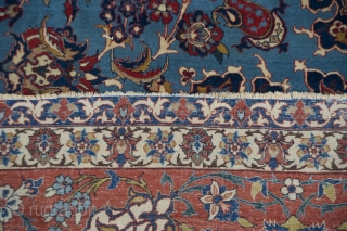 Outstanding Esfahan cm 385x255 /12,7"x8,4". Simply wonderful piece with amazing design and colors. An abrash on blu sky field. Some corrosion on silk patterns. One end miss ( about 1 centimeter). The  ...