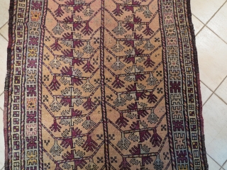 Attractive Kurd rug. low pile in some little portion of the field; a litlle cut on the near the head border as you can note on the pictures. Synthetic colors.  20th  ...