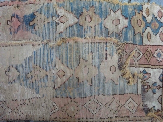 Anatolian Manastir. considerable size: cm 129x110/4,25"x3,75".
Never washed. lovely and delicate colors. Archaic design with colored weft.
                 