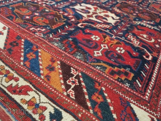 Afshari cm 190x130 ca. Original Kilim, great design, some worn areas and oxhided brown.Professionally cleaned.                  