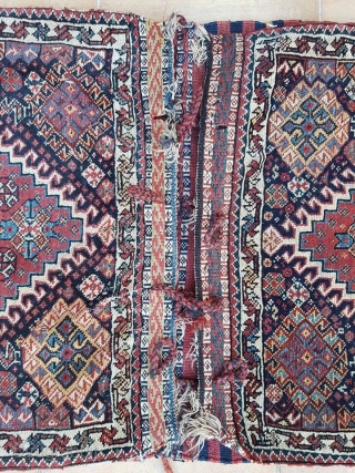 Qashqai khorjin complete. fine weaved kilim and sumakh; soft colors, crisp design. some little spots without pile.
                