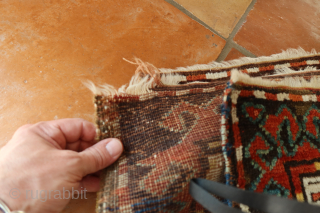 Antique Kazak Lori Pampaq, second half XIX century (1860/1880 in my opinion)
Cm 265x174
Old repairs, especially on dark colors (brown/black), corrosion, a small wave in the field (see 2nd picture), needs to fix ...
