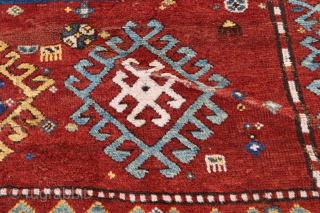 Antique Kazak Lori Pampaq, second half XIX century (1860/1880 in my opinion)
Cm 265x174
Old repairs, especially on dark colors (brown/black), corrosion, a small wave in the field (see 2nd picture), needs to fix ...
