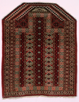 Turkmen yomud prayer rug 6 sides.1920 ca. fine weave. Probably chemical dyes but anyway rare piece to find.
               