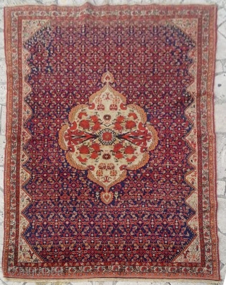 Very interesting piece of Maleyer. herati design with an amazing medallion gul farang style. The field is very full and rich also of little human motives and animals. size cm 200x145 ca.  ...