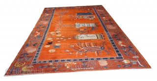 Khotan cm 406x210. some old repairs but really lovely piece, beautiful combination of colors and amazing border. Age 1900 ca.             