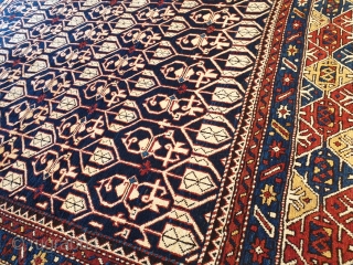 Shirvan Konaghend prayer rug. Early XX century, full pile, just a small repair on the top. Unusual border for this type usually with kufic border.Size 190x125 ca      