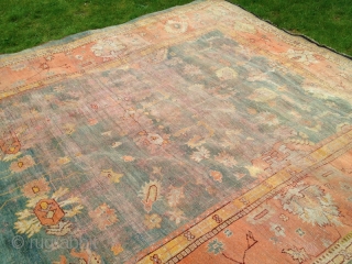 Wonderful worn old man ... This 19th century Turkish Ushak carpet has lived a life; however it has been brought back from the brink. The warps and wefts have been re-woven, various  ...