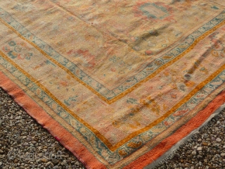 Lovely soft wool and colours, on this faded old west Anatolian Ghordes/Ushak type carpet. Condition, areas of wear but has been cleaned and ends stopped so ready to use. Size: 15'.4" x  ...