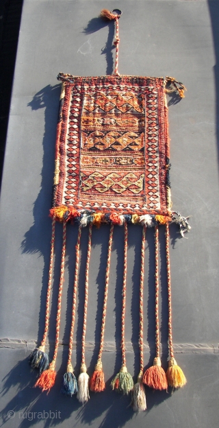 South Persian Tribal,Qashqai ? . Chanteh/Bag/ 'qalyandan,  Wool on wool and some cotton .Sumak and Kilim technique. First quarter 20Th.Cnt. 42 x 29 cm. Including tassels,and topstrap + ring 106 cm. 