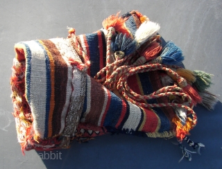 South Persian Tribal,Qashqai ? . Chanteh/Bag/ 'qalyandan,  Wool on wool and some cotton .Sumak and Kilim technique. First quarter 20Th.Cnt. 42 x 29 cm. Including tassels,and topstrap + ring 106 cm. 