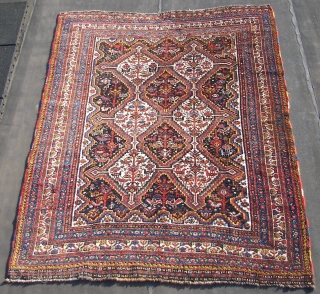 Khamseh bird rug, good overall condition. ca. 205 cm. x 155 cm. Old, wool on wool, full   pile, no low area s ,no stains, handwashed, cleaned, ca. 3 small restorations.  ...