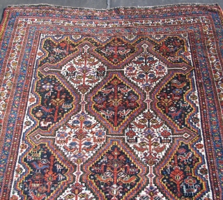Khamseh bird rug, good overall condition. ca. 205 cm. x 155 cm. Old, wool on wool, full   pile, no low area s ,no stains, handwashed, cleaned, ca. 3 small restorations.  ...