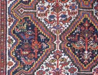 Khamseh bird rug, good overall condition. ca. 205 cm. x 155 cm. Old, wool on wool, full   pile, no low area s ,no stains, handwashed, cleaned, ca. 3 small restorations.  ...