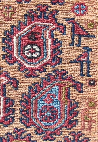 . Afshar sumak horse cover fragment. Wool on wool.  Ca. 137 x 108 cm. Good overall condition. Ends secured . First half 20th.C. Boteh bewilderment with folks and some birds .  ...