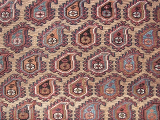 . Afshar sumak horse cover fragment. Wool on wool.  Ca. 137 x 108 cm. Good overall condition. Ends secured . First half 20th.C. Boteh bewilderment with folks and some birds .  ...
