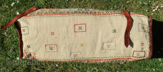 Tribal,Qashqai ,Qashqa'i, Qashqay, Kashkai, Kashkay, Qashqayı, Gashgai, Gashgay, Ghashghaei .Small Mafrash, Beddingbag, Rakhtekhab .Wool on wool, leather, l x w x h ; 60 x 25 x 26 cm. . With a  ...