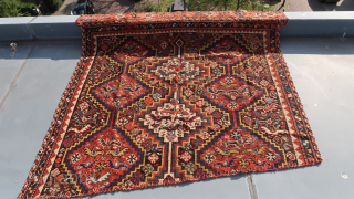 Fragment, Persian Tribal / Khamseh great colours , wool on wool, three rows of rhombics placed vertically on the central field filled with several types of birds.( Murgi ) ...