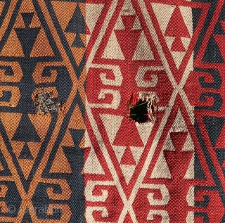 Uzbek, Kirghiz Ghudgeri, Gudjeri, ca.160 x 270 cm. Old, one hole, one repair. 
And an old Persian custom tag with Persian lion and sun. 
 
       