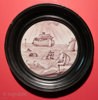18th.century. (1700-1800)  Two original mangan glazed Dutch tiles. ( Rotterdam.)   Depicting the Flood and the Exile from Eden.   Diameter including the outer wooden frame,( Not sure how  ...