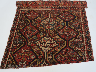 Southwest persian tribal fragment. Wool on wool, some stuffed holes . Great colors. 
ca : 97 cm . x 104 cm. lightweight.           