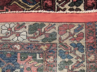 Bachtiar . Old  . ca. 195 cm. x 136 cm.  Wool on cotton.  5 cm. From top and bottom guard border missing.  Backside stitched with cotton band.   ...
