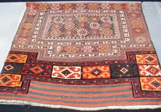 Luri Bakthiari Khorjin fragment. Western central Persia. 142 cm x 88 cm. Wool on wool . Good colors, ca. 1900.  Sumakh,& kilim, and pile woven ends. Joined at the centre, one  ...
