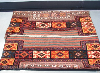 Luri Bakthiari Khorjin fragment. Western central Persia. 142 cm x 88 cm. Wool on wool . Good colors, ca. 1900.  Sumakh,& kilim, and pile woven ends. Joined at the centre, one  ...