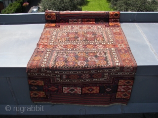 Luri Bakthiari Khorjin fragment. Western central Persia. 142 cm x 88 cm. Wool on wool . Good colors, ca. 1900.  Sumakh,& kilim, and pile woven ends. Joined at the centre, one  ...