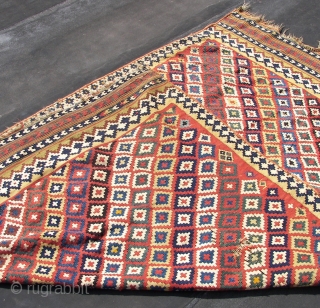 Ghashgai, kilim, ca. 230. cm x 150 cm. wool,wool,cotton.  Good colors. Has some damage, see the pics.Original guard borders missing.            
