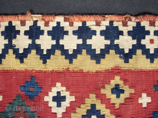 Ghashgai, kilim, ca. 230. cm x 150 cm. wool,wool,cotton.  Good colors. Has some damage, see the pics.Original guard borders missing.            