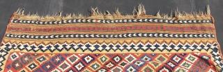 Ghashgai, kilim, ca. 230. cm x 150 cm. wool,wool,cotton.  Good colors. Has some damage, see the pics.Original guard borders missing.            