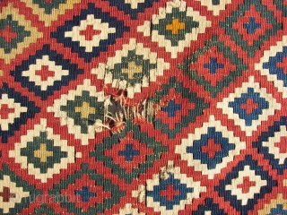 Ghashgai, kilim, ca. 230. cm x 150 cm. wool,wool,cotton.  Good colors. Has some damage, see the pics.Original guard borders missing.            