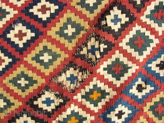 Ghashgai, kilim, ca. 230. cm x 150 cm. wool,wool,cotton.  Good colors. Has some damage, see the pics.Original guard borders missing.            