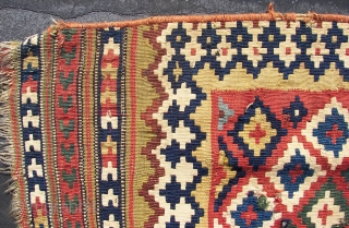 Ghashgai, kilim, ca. 230. cm x 150 cm. wool,wool,cotton.  Good colors. Has some damage, see the pics.Original guard borders missing.            