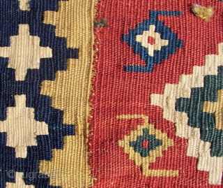 Ghashgai, kilim, ca. 230. cm x 150 cm. wool,wool,cotton.  Good colors. Has some damage, see the pics.Original guard borders missing.            