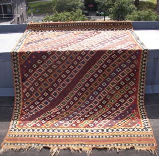 Ghashgai, kilim, ca. 230. cm x 150 cm. wool,wool,cotton.  Good colors. Has some damage, see the pics.Original guard borders missing.            