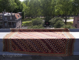 Ghashgai, kilim, ca. 230. cm x 150 cm. wool,wool,cotton.  Good colors. Has some damage, see the pics.Original guard borders missing.            