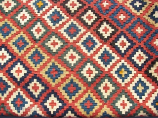 Ghashgai, kilim, ca. 230. cm x 150 cm. wool,wool,cotton.  Good colors. Has some damage, see the pics.Original guard borders missing.            