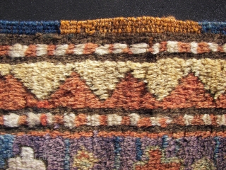 Longhaired Caucasian,with a three row selvage. Moghan ? Kazak ? Wool on wool. Old, ca:1920. ca. 240 cm. x 145 cm. Bird/animal motifs and Memling guls on the inner field. Thick ,lush  ...