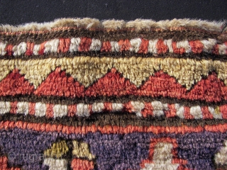 Longhaired Caucasian,with a three row selvage. Moghan ? Kazak ? Wool on wool. Old, ca:1920. ca. 240 cm. x 145 cm. Bird/animal motifs and Memling guls on the inner field. Thick ,lush  ...